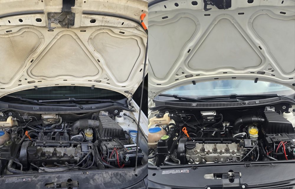 Capô aberto e motor. À esquerda, antes, com o capô e o motor sujos. À direita, depois, com o capô limpo e as peças do motor pretas.